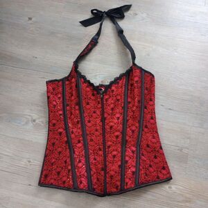 Vintage Red Black Halter Sparkly Vampy Corset